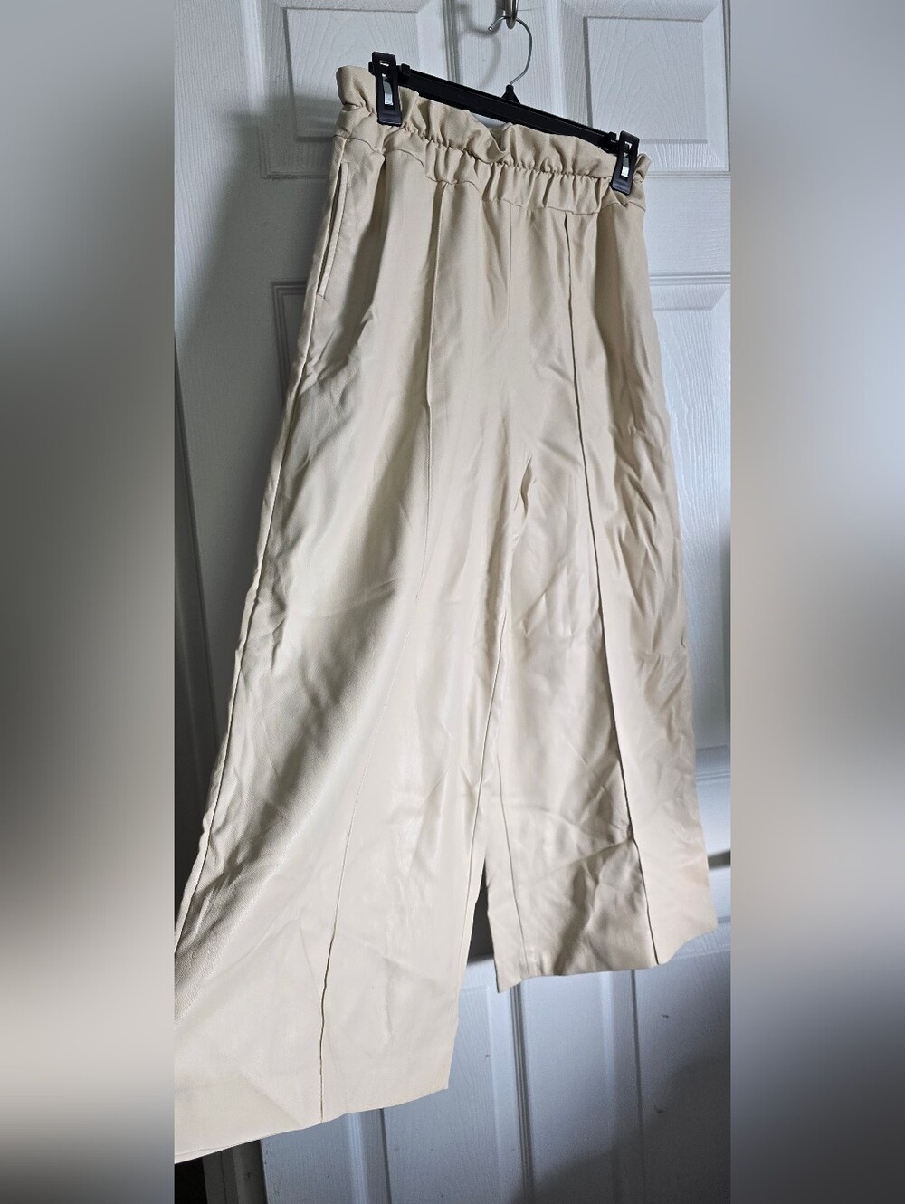 Express Cream Elastic Waist Wide Leg Vegan Leather Pants